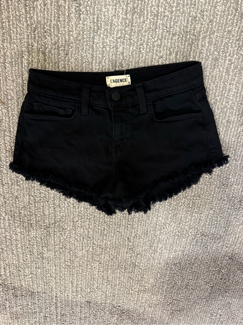 L’AGENCE Black Frayed Denim Shorts Size 23 Low Rise Stretch Designer Cutoff Jean